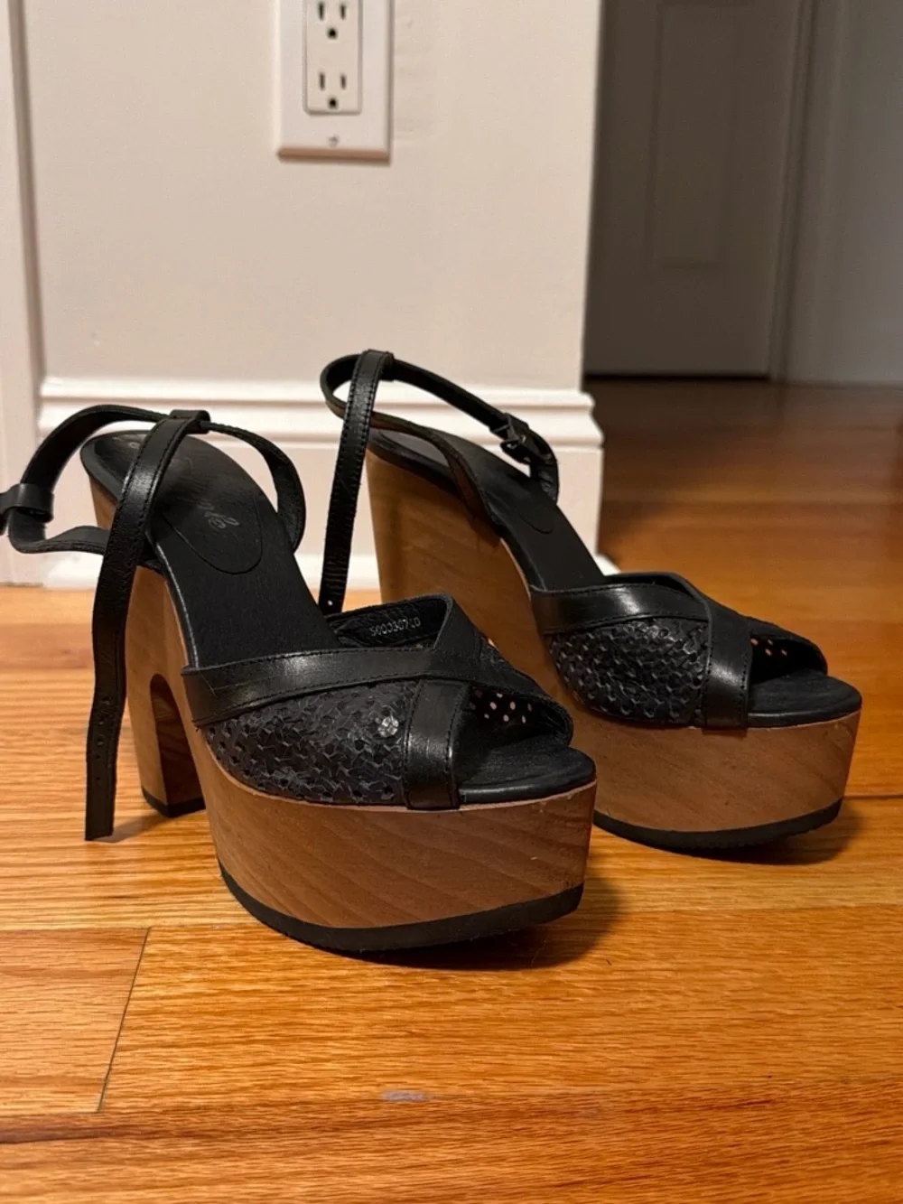 Free People Black Leather Platform Wood-Effect Heels
